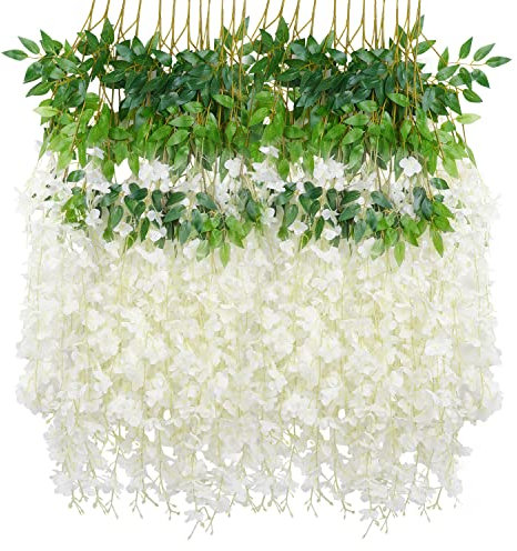 JOFONY 12 Stück Künstliche Glyzinien Blumen,Weiß Glyzinien Girlande Kunstpflanzen,Kunstblumen Hängende Blauregen Seidenblumen Girlande für Hausgarten Hochzeit Dekorationen Party Decor
