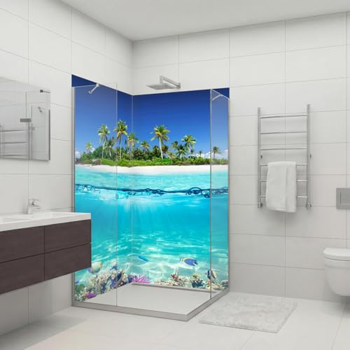 dedeco Eck-Duschrückwand wasserfest Motiv: Strand V6, UV-Lack matt, 2 x 90x200 cm, als Badrückwand zum Fliesenersatz, als Dekorwand, Wandverkleidung und Duschplatte aus Aluminium - Made in Germany