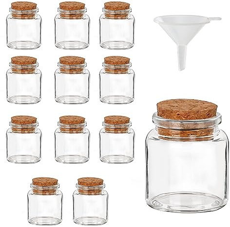 Belle Vous Pack de 12 Frascos de Vidrio con Tapa de Corcho - 45 a 50 ml - Botecitos de Cristal Pequeños - Botes Herméticos con Embudo para Regalitos de Bodas, Fiestas, Especias de Cocina y Mermelada