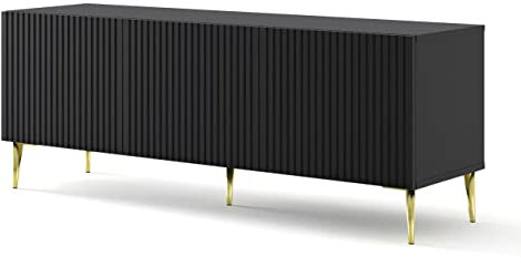 BIM Furniture TV-Schrank Ravenna A 150 cm 3D mit gefräster Front Hochwertiges MDF Metallbeine Lowboard Schrank Sideboard Kommode Fernsehtisch (Schwarze Matte, goldene Beine)