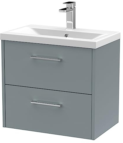 Hudson Reed JNU2324A Juno Modern Bathroom Wall Hung 2-Drawer Vanity with Mid-Edge Ceramic Basin, 600mm, Matt Coastal Grey