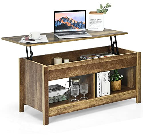 LIFEZEAL Couchtisch höhenverstellbar, Teetisch Sofatisch mit verstecktem Stauraum & 2 offene Ablage, moderner Beistelltisch für Wohnzimmer, 109 x 47,5 x 50 cm (Eeiche)