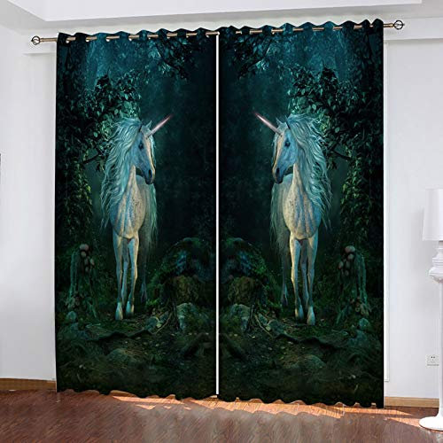 YANGLD Kinder Gardinen Kinderzimmer Junge Mädchen Blickdicht Wald Weißes Tier Pferd 280X260Cm 2Er Set Verdunkelungsvorhang Thermovorhang Hitzeschutz Vorhänge Wohnzimmer Schlafzimmer Vorhänge Mit Ösen