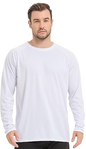 Sillictor Running Tops for Men Long Sleeve UPF 50+ Quick Dry Polyester Sports Gym T Shirts Men UV Sun Protection Tops for Swimming Football Hiking Fishing Shirts,Cool Wicking 3020 White M