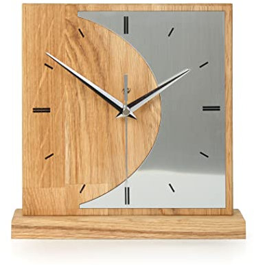 Kreative Feder Designer-STANDUHR „Silvermoon“ aus Eichenholz – analoge TISCHUHR ohne Tickgeräusche (leises Quarzuhrwerk, Eiche)