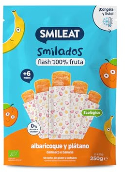 Smileat - Smilados de Frutas Ecológicas - Flash de Albaricoque y Plátano - Sin Azúcar Añadido, Sin Gluten - Flash para Congelar - Para Peques 6+ Meses - 5x50g (250gr)