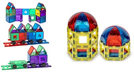 Playmags 50 Pc Magnetic Building Tiles Set for Kids - 3D Magnetic Building Blocks & 28 Pc Dome Set with 4 Cars