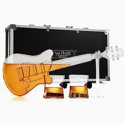 The Wine Savant | Electric Guitar Whiskey & Wine Decanter with 2 Pick Whiskey Glasses, Acrylic Stand & Case - 34 OZ Glass 16 L for Whiskey Music Lover & Rock N Roll Gifts Musician Music Lovers