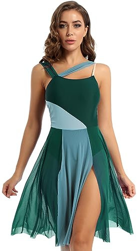 iEFiEL Damen Ballettkleid Tanzkleid mit Asymmetrisch Rock Wickelrock Tango Latein Kleider Leotard Ballettanzug Trikot Tanz-Body Gr. XS S M L XL Xa Grün M