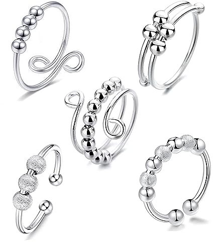 VIKY 5 Stück Verstellbare Anti Stress Ring, Linderung von Ängsten Anxiety Ring Bunte, Angst Spinning Ringe mit Perlen,Offene Fidget Rings, Antistress Ringe Stressringe für Mädchen und Frauen
