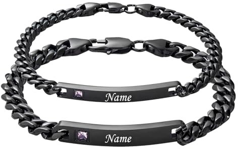 Cupimatch Paar Armband mit Gravur, Zirkon Armbänder Personalisierte Edelstahl Glänzend Poliert Pärchen Armkette Panzerkette für Damen Herren zu Weihnachten Jubiläum Hochzeit Geburtstag Valentinstag