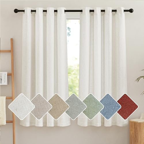 PONY DANCE Kurze Gardinen Halbtransparent Ösen Vorhang Leinen Schlafzimmer | Creme,2er Set,H137 x B140 cm,Boho Gardinen Leinenoptik Kinderzimmer,Leinenvorhang Landhaus Küche/Badezimmer,Linen Curtains