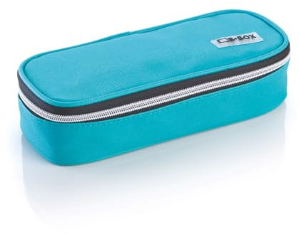 Favorit Federmäppchen für die Schule, oval, Marineblau, 24 cm x 9,5 cm, Höhe 6 cm, silberfarbener Reißverschluss, gefüllt mit Stabilo-Produkten, Silber, Oval, blau