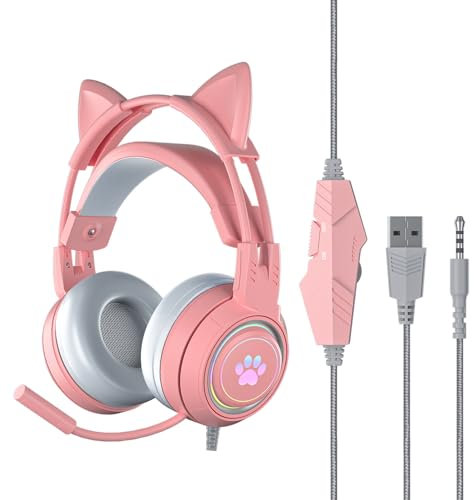 Cute Cat Ear Headset with Mic, Wired Over Ear Headset, Detachable Cat Ears, Neon Light Effect, Adaptive Headband, 50mm Speaker, Single 3.5mm Plug, Compatible with PC/Laptop/PS/Xbox/NS (Pink)