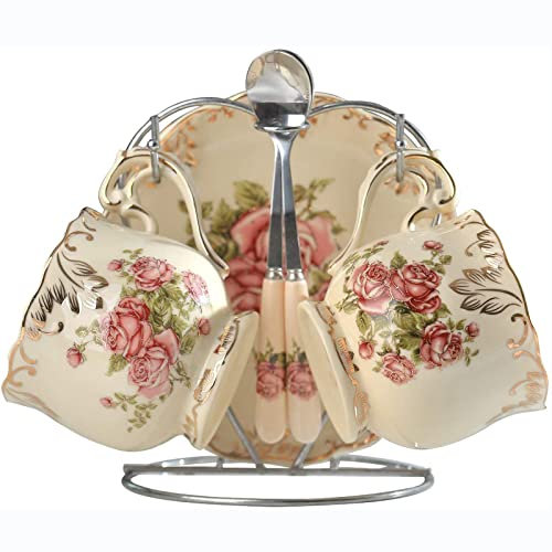 Jiotouhu Tasses et soucoupes avec cuillères et porte-tasse, motif rose vintage rétro en porcelaine anglaise pour thé, café, tasses à thé, tasses à café florales,pour 2 personnes