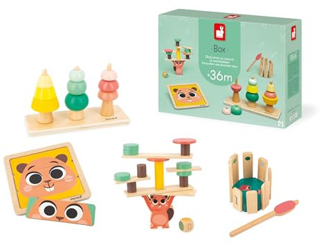 Janod - Baby-Spielbox - Ab 36 Monate - Lernspielzeug mit Puzzle und Manuellen Aktivitäten für Kinder - Aktivitätsspielzeug für die Psychomotorische Entwicklung - Kinderspielzeug ab 3 Jahre - J04066