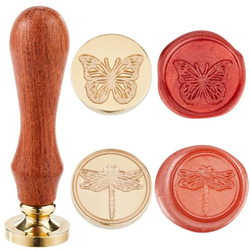 CRASPIRE - 2 Cabezal de Sello de Cera de Latón con Diseño de Mariposa Y Libélula de 25.(079) in + 2 Mangos de Sello de Madera, Sobres Extraíbles para Bodas, Fiestas de Cumpleaños, Invitaciones