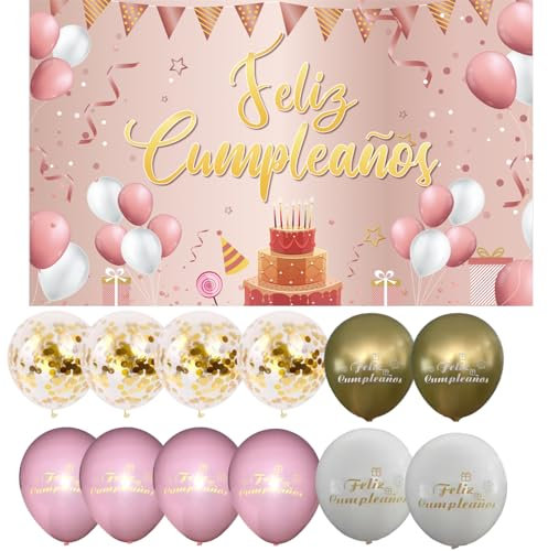 IM ® Pancarta Feliz Cumpleaños en Español medidas 110x180cm de Poliester + 12 Globos látex |Decoración para fiesta de cumpleaños|Cartel Feliz cumpleaños|Photocall| (ROSA-BLANCO)