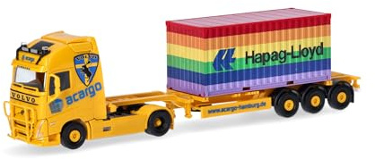 Herpa Volvo FH Gl. XL 2020 Container-Sattelzug acargo/Hapag Lloyd (Hamburg), Zugmaschine mit Ladekran und Heckabstützung, Miniatur im Maßstab 1:87, Sammlerstück, Made in Germany, Kunststoff