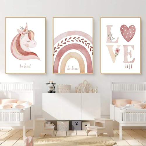 Herfair 3er Set Bilder Kinderzimmer,Regenbogen Einhorn Wolken Süße Poster, Wandbilder Babyzimmer Baby Mädchen Junge Kleinkind Wanddeko Bild Boho Deko, Ohne Rahmen