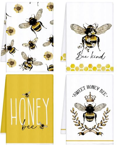 Tegeme Geschirrtuch mit Bienen-Motiv, Honigbienen-Geschirrtücher, Waben-Bad-Waschlappen, Polyester, saugfähige Tücher, Zubehör für Küchendekoration, 40,6 x 61 cm (Gelb, Weiß, Honig), 4 Stück