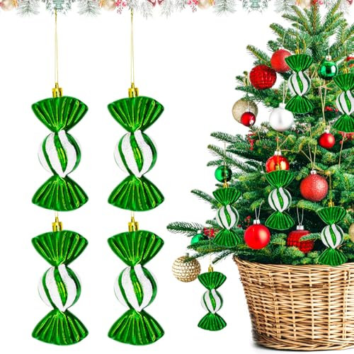 Christmas Candy Ornaments, 4pcs Christmas Tree Candy Hanging Decorations Glitter Candy Cane Ornament with Golden Ropes Sweet Baubles Hanging Pendant for Xmas Party Home Decor A7XYTG