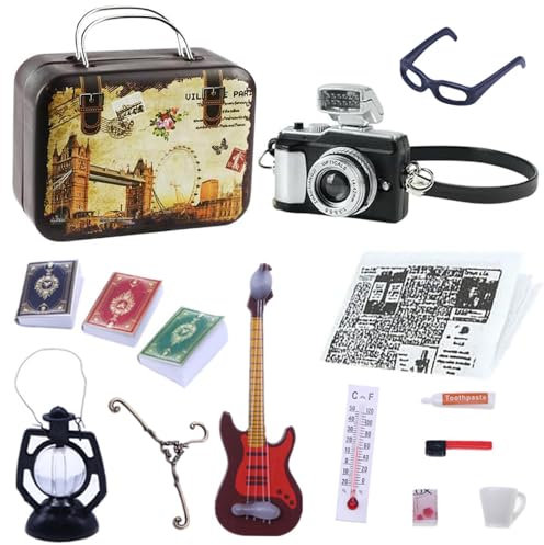 ZDQC 13 Stück Reise Miniatur Set, 1:12 Wichtel Zubehör Weihnachten, Vintage Koffer, Mini Kamera Deko, Wichtel Zubehör Set (Reisetaschen)