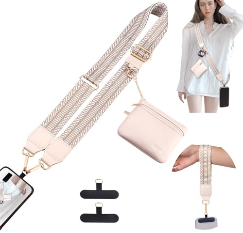 OUTXE Clip and Go Strap for Phone with Wallet Crossbody, Detachable Wrist Strap Save Girls Anti Theft Lanyard with Zippered Pouch & 2* Nylon Tab for All Phones (Bohemian Beige)