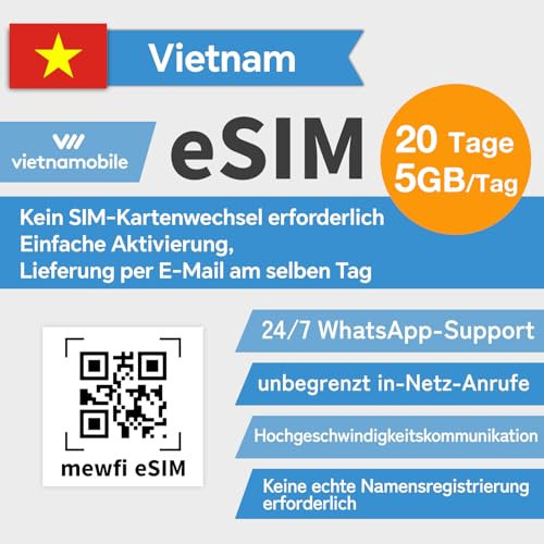 eSIM für Vietnam Reisen, 20 Tage 5 GB/Tag, 4G Hochgeschwindigkeitskommunikationsnetzwerk, Vietnamobile Unbegrenzte Inlandsanrufe, Einfache Aktivierung, 24/7 Whatsapp-Support