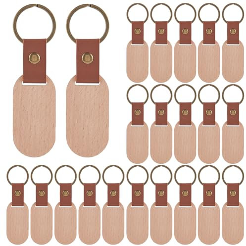 SOFPLATE 25 porte Clés en Cuir et Bois Porte Clés Vierge en Vrac Lanière en Cuir Synthétique Pendentif en Bois Brut Gravure Ovale Étiquettes pour Bricolage Porte Clés de Voiture Cadeau de Fête Cadeaux