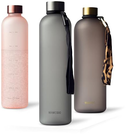 MAMEIDO Bottiglia acqua 1 litro - Borraccia plastica tritan a tenuta stagna, senza BPA - bottiglia motivazionale con orario (Carbon Grey, 1000ml)