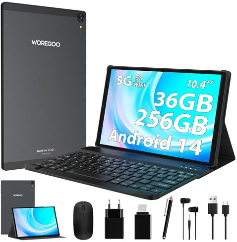 WOREGOO 2K Tablet 10.4 Pollici Android 14, 36GB RAM+256GB ROM (TF 1TB), FHD In-cell Screen/5G WiFi/Octa-Core/8000mAh/8+13MP/GMS/BT 5.0/Corpo Metallico, 2 in 1 Tablet con Tastiera e Mouse- Nero