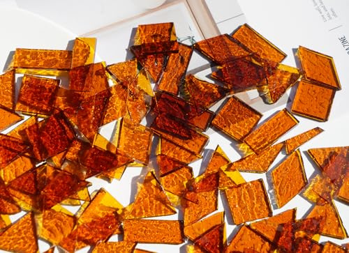 CHICSHIS Transparent Textured Mosaic Tiles, 200g Large Size Stained Glass Piece for Mosaic Art, Vibrant Cathedral Glass Tiles for DIY, Amber