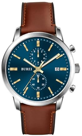 BUREI Uhren Herren Chronograph Japanisches Quarz wasserdichte Armbanduhr Herren Lederarmband Business Casual Sport Datum Uhr für Männer (gelb-braun)