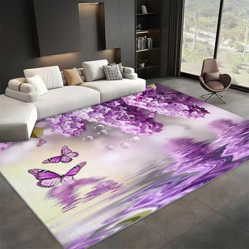 WHUOEUCO Teppich Wohnzimmer Schmetterling Lila Flieder Blumen 180x240cm Waschbare Kurzflor Teppiche Großer rutschfest Carpet, für Schlafzimmer, Büro, Kinderzimmer Druck Teppich
