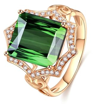 Stfery Ring Rose Gold 18 Karat Damen, Verlobung Ringe mit Grüner Turmalin in Quadratschliff, Diamantring Echt Gold Schmuck, Gr.57 (18.1)