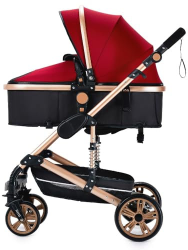 3 in 1 umkehrbarer Kinderwagen,Federung der vorderen Räder,kompakte Einhandfaltung für einfaches Lagern(Rot)