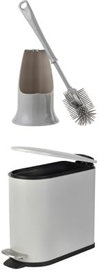 Beldray Silicone Toilet Brush & Bathroom Bin Set – Antibacterial Treated Rubber Bristles, Includes Holder for Scrubber, 5 Litre D-Shaped Sanitary Waste Bucket, Soft-Closing Lid, Space-Saving, Grey