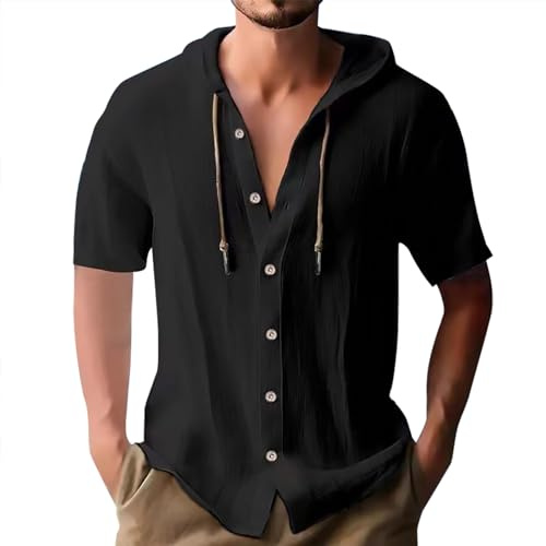 Uwdiohq Hommes D'été Décontracté Dessus De Couleur Unie Col Montant Bouton Dwon Cardigan Chemise Haute Manches Courtes Décontractée Polos pour Grands Et avec Chemise Noire Homme Homme Coton