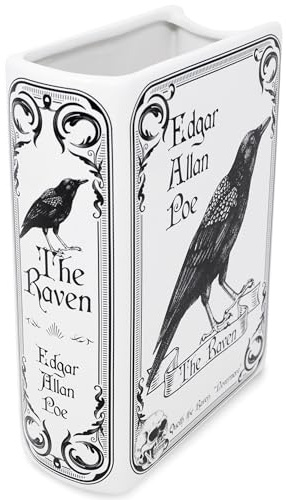 Steel Mill & Co Original Large Book-Shaped Decorative Vase, Ceramic Vases for Home Decor, Cute Bookshelf Decor, Unique Vase for Book Lovers (The Raven - White)
