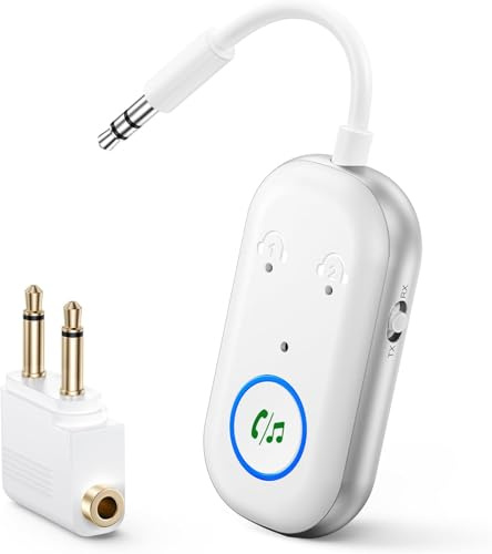 Ankilo Bluetooth 5.3 Adapter Transmitter & Sender für Flugzeug, 2 in 1Bluetooth Adapter mit Flugzeug,TV, Stereoanlage Splitter,für MP3 /MP4 Kopfhörer HiFi Lautsprecher, Laptop,TV,weiß
