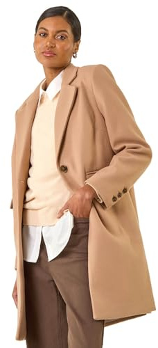Roman Originals Tailored Single Breasted Coat for Women UK - Ladies Everyday Autumn Winter Comfy Soft Evening Vacation Work Party Night Out - Camel - Size 16