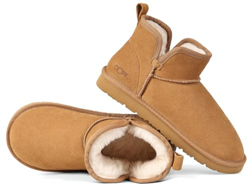 OOW Winter Ankle Genuine Suede Boots for Women Snow Slip On Comfort Short Booties Fall Warm Casual Fuzzy Shoes for Indoor & Outdoor