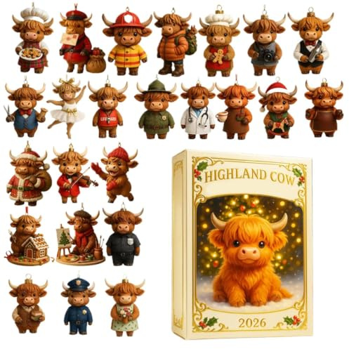 Kalender 2025 Weihnachtskuh, Ornament, Acryl, 2D – 24 Tage Countdown Anhänger Kuh Hochlands – für Ferienhaus, Weihnachtsbaum, Auto, Wand, Urlaub