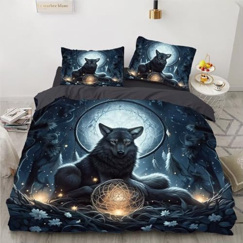 YZQGLHP Wolf Bettwäsche 155x220cm, Leuchtende Kugel Bettbezug Wendebettwäsche, Weich Mikrofaser Bettwäsche-Sets mit Reißverschluss und 2 Kissenbezüge 80x80cm