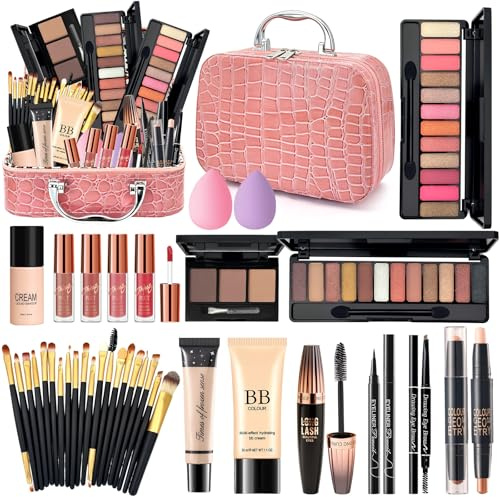 Schminkset Frauen, Schminkkoffer Damen, All in One Make Up Set mit Reisetasche, Makeup Geschenkset für Teenager Mädchen mit Lidschatten BB Cream Foundation Mascara Lipgloss Eyeliner Augenbrauenstift