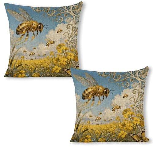 VIDI Bee Rapeseed Field Pillow Covers 18x18（2pcs） Decorative Throw Pillow Covers Farmhouse Double-Sided Linen Pillowcases Soft Cushion Cases for Couch Bed Sofa Living Room Home Decor