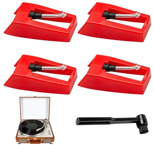 4 Pcs Record Player Needle, Red Turntable Replacement Needle with Cleaning Brush, Diamond Stylus for Suitcase Turntable, Phonograph, LP Vinyl Player