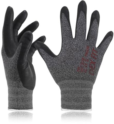 DEX FIT Guantes de Trabajo FN330, Ajuste Cómodo Elástico 3D, Buen Agarre, Recubrimiento de Espuma Duradero de Nitrilo, Táctil, Fino y Ligero, Lavable en la Lavadora, Negro-Gris 7 (S) 12 Pares