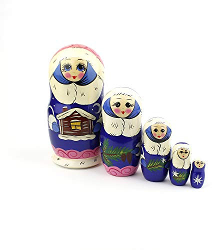 Russische Matroschka-Puppen, 5 traditionelle Matroschkas Schneefrau-Stil | Babuschka Holzpuppen, Design mit Mädchen in blauem Pelzmantel, Handgefertigt in Russland | Schneefrau, 5 Stück, 16 cm